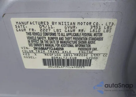 2012 Nissan Sentra 2.0 Sr z USA, uszkodzony, nr VIN 3N1AB6AP7CL640259